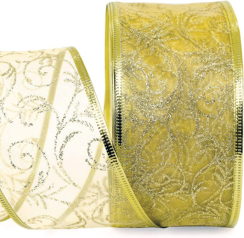 Christmas Wired Ribbon Set of 4: Red, Green, Gold, Silver/White Sheer Organza Glitter, 40 Yards Total, 10 Yards Each