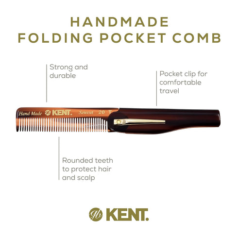 Kent 20T Handmade Fine Tooth Tortoiseshell Folding Comb + Pocket Comb for Beard and Mustache Grooming