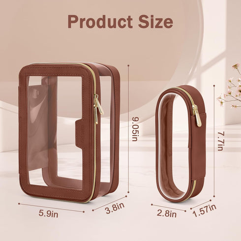 Travel Clear Makeup Bag with Brush Bag, Portable Waterproof Cosmetic Organizer Storage Bag for Women, Brown