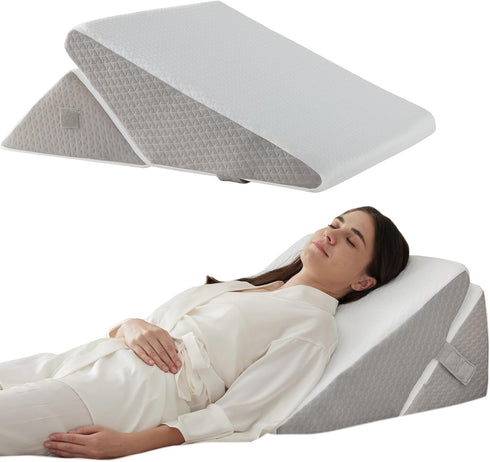 Bed Wedge Pillow for Sleeping, 9&12 Inch Adjustable Memory Foam Triangle Pillow for Back Pain Relief, White/Grey