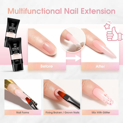 ROSALIND Pink Poly Nail Gel, 2 oz Soft Pink Poly Extension Gel for Natural Builder Nail Decoration, Long-Lasting