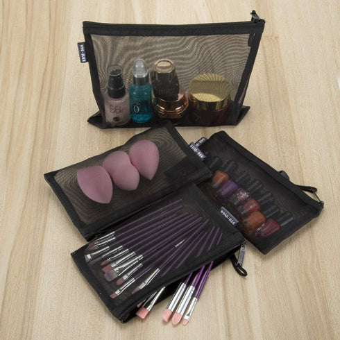 HRX Package Nylon Mesh Cosmetic Zipper Bags, 6PCS Black Makeup Pouches for Travel Organizer Case