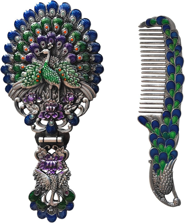 Handheld Makeup Mirror with Comb Set | Peacock Vintage Hand Mirror | Retro Foldable Portable Mirror for Women, Gift