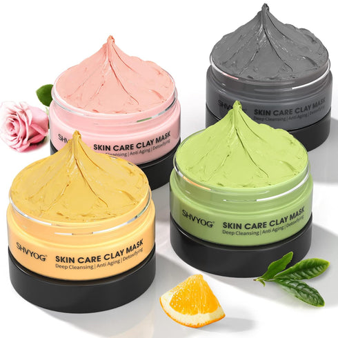 4 Pcs Clay Facial Mask Set - 240g Turmeric, Vitamin C, Green Tea, Dead Sea Mud, and Rose Clay for Deep Cleansing &