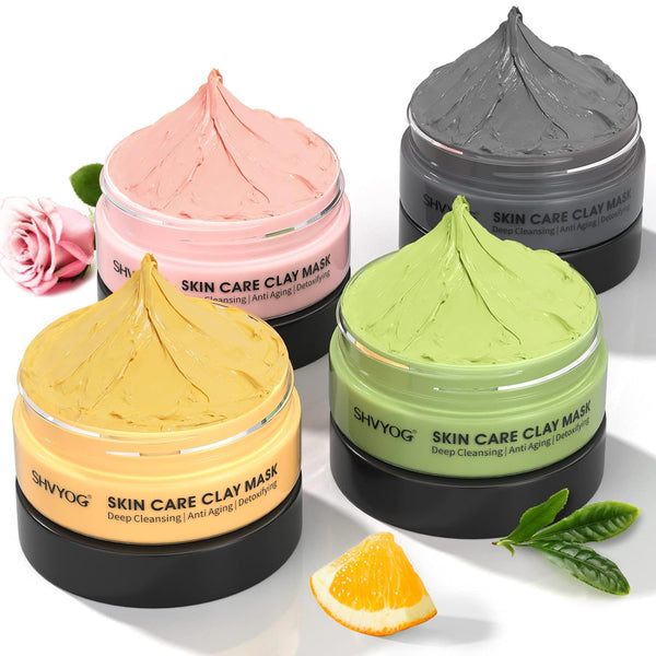 4 Pcs Clay Facial Mask Set - 240g Turmeric, Vitamin C, Green Tea, Dead Sea Mud, and Rose Clay for Deep Cleansing &