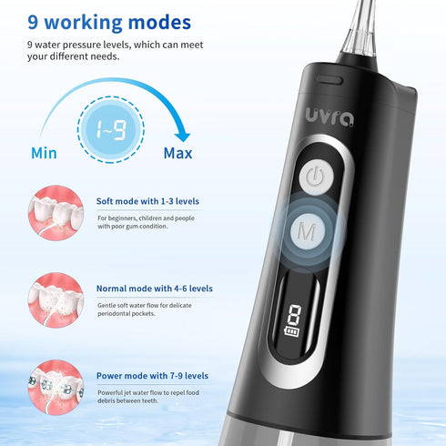 Water Dental Flosser Portable Teeth Cleaner 9 Modes Water Picks 300ml Cordless Oral Irrigator Rechargeable Ipx7 Waterproofe High Pressure for Travel Home Use (Black)