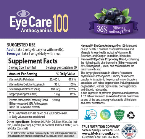 EyeCare Anthocyanins 100, 60 Softgels Eye Health Supplement with Bilberry, Lutein, Vitamin A & E