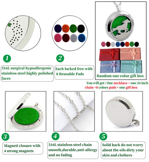 Essential Oil Diffuser Necklace, Stainless Steel Aromatherapy Horse Locket Pendant with 24" Chain & 8 Pads, Gift