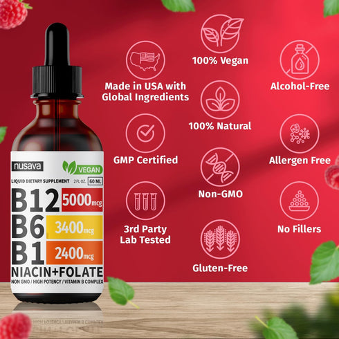 (2 Pack) Vitamin B12 Liquid Drops, Vegan B12 Sublingual 5000 mcg with Vitamin B6, Supports Energy, Brain & Heart with