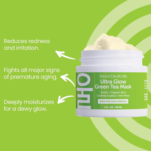 SeoulCeuticals Korean Skin Care Face Mask for Sensitive Skin - Green Tea Wash Off Masks + Aloe Vera and Centella Spa
