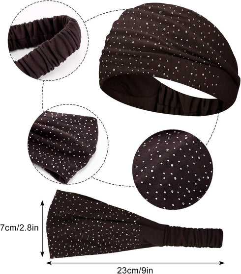 WILLBOND 10 Pcs Non Slip Wide Bandana Headbands for Women, Elastic Boho Bling Rhinestone Hair Accessories for Sports