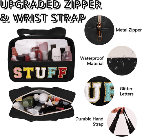 Chenille Letter Patch Stuff Bag, Preppy Clear Makeup Cosmetic Bag, Large Toiletry Storage Tote (Black)