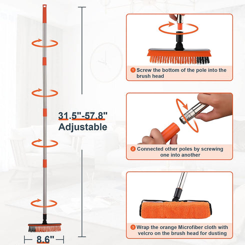 2 in 1 Floor Scrub Brush Grout Brush with 57.8" Long Handle, 120° Rotatable Shower Tile Grout Scrubber, Orange