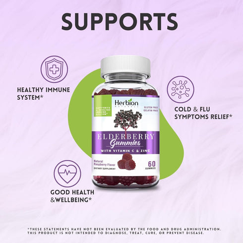 Herbion Naturals Elderberry Gummies with Vitamin C & Zinc, 60 Count for Immune Support
