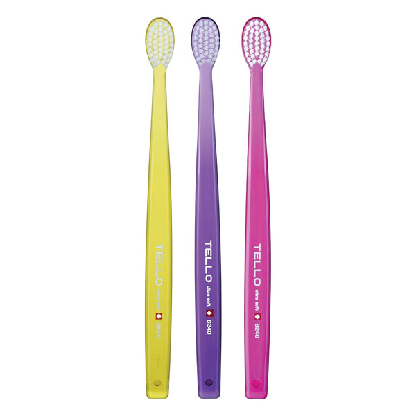 TELLO 6240 Adult Ultra Soft Swiss Toothbrush, Ergonomic Handle, Assorted Colors, 3 Count for Gentle Cleaning