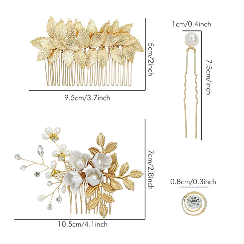 inSowni 36 Pack Gold Flower Leaf Bridal Wedding Hair Side Combs, U-shaped Pearl Hair Pins, Rhinestone Hair Clips