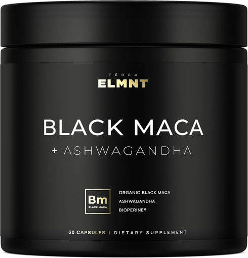 ELMNT Organic Black Maca Root 40,000mg - 60 Pills with Ashwagandha, Highest Potency Maca Capsules for Men
