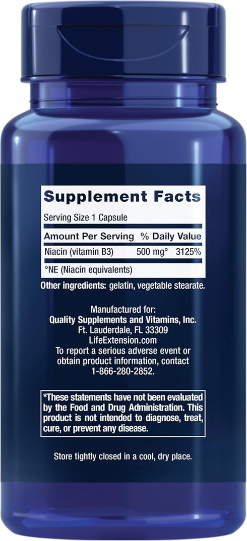 Life Extension Vitamin B3 Niacin 500 mg – Niacin (Vitamin B3), Supports Heart Health, Promotes cellular energy production – Gluten-Free, Non-GMO – 100 Capsules