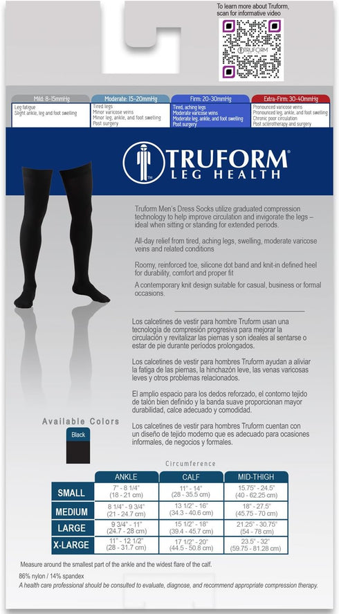Truform Compression Socks, Men's Dress Socks, Thigh High Over Knee Length, 20-30 mmHg, Black, Medium