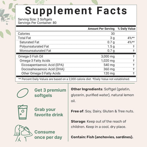Omega 3 Fish Oil Supplements 3,000mg Per Serving, 240 Softgels | Lemon Flavored – Burpless | EPA 540mg + DHA 360mg | Heart & Brain Support | Deep Sea Fish