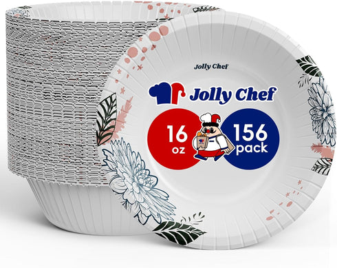 JOLLY CHEF 156 Count Paper Bowls 16 oz, Soak Proof and Cut Proof Microwave Safe Disposable Bowls