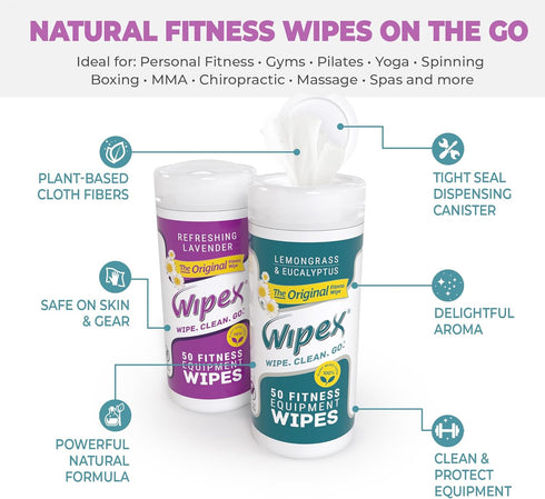 Wipex Fitness Equipment Wipes, Natural Plant Based Gym Wipes, 50 Count, Lemongrass, Eucalyptus & Vinegar