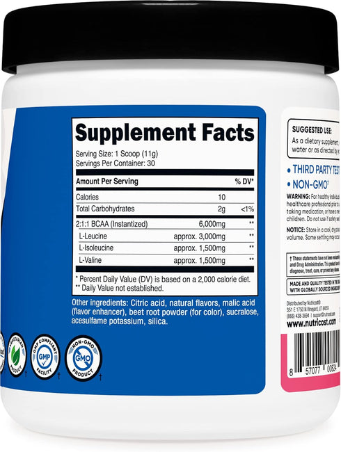 Nutricost BCAA Powder, 2:1:1 Ratio, Raspberry Lemonade Flavor, 30 Servings
