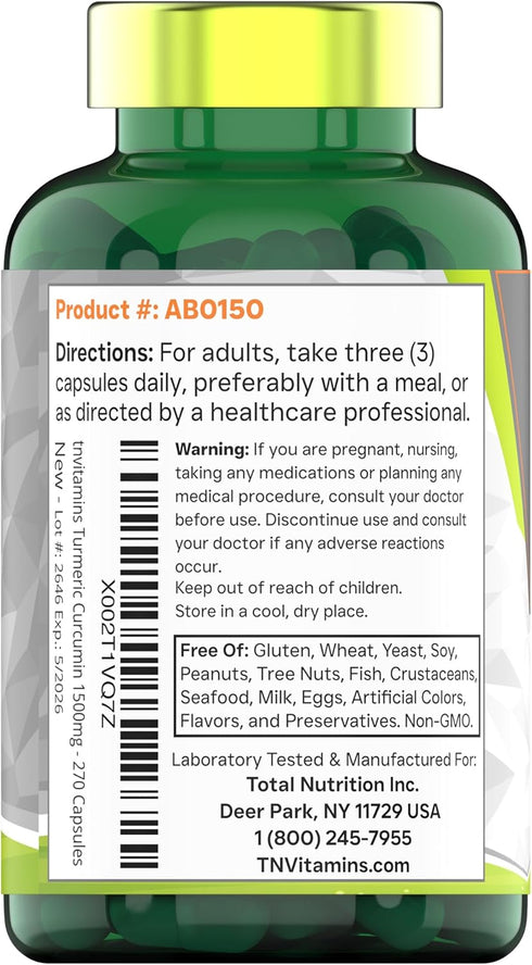 Turmeric Curcumin Capsules with Black Pepper | 1500 MG - 270 Capsules | Non-GMO | 3 Month Supply