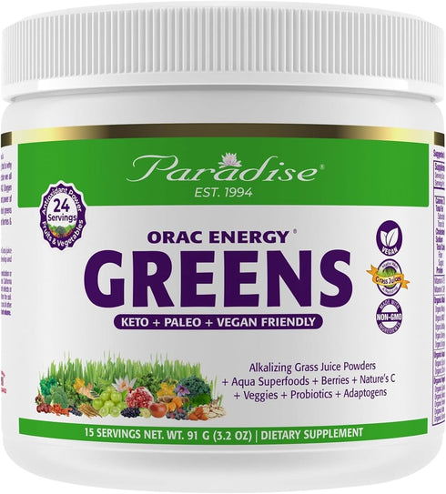 Paradise Herbs ORAC Energy Greens Powder - Antioxidant Power of 24 Servings of Fruits & Vegetables in 1 Scoop, 15
