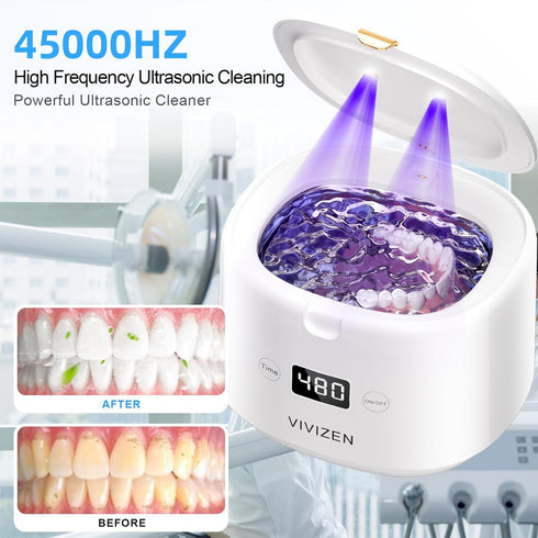 Ultrasonic Retainer Cleaner, Portable 30W/45kHz Sonic Dental Cleaning Pod for Aligners, Braces, Jewelry, and Dentures