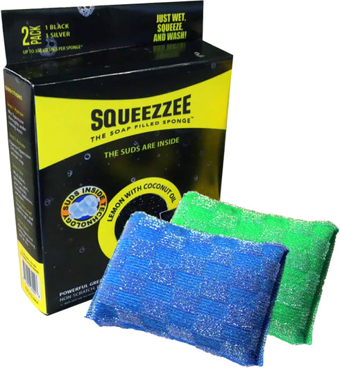 Squeezzee Soap Filled Scrubber Sponges, 2-Pack Non Scratch with Built-in Dish Soap, Up to 300 Washes