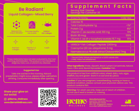 BeMe Liquid Collagen Drink, Be Radiant (Berry) - Drinkable Supplement with Collagen Peptides, Biotin, Vitamin C