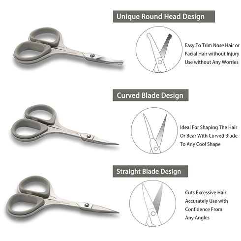 PAFASON Stainless Steel Mustache Beard Facial Nose Hair Trimming Scissor Set with Safety Cover, Grey