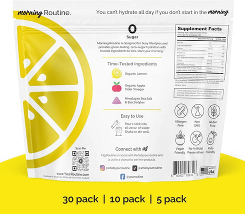 Packets 3rd-Party 30 Routine Morning Daily Hydration | Electrolyte Powder with Lemon, Apple Cider Vinegar & Sea Salt