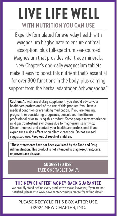 New Chapter Magnesium + Ashwagandha Supplement - 325 mg with Magnesium Glycinate for Muscle Recovery and Relaxation (90