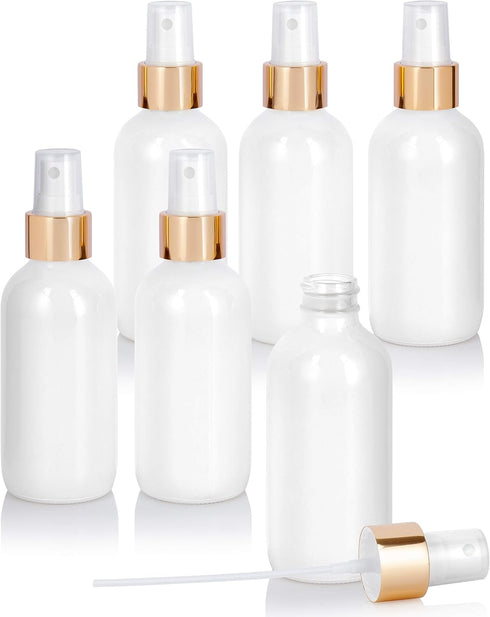 JUVITUS 4 oz High Shine Gloss White Glass Boston Round Bottle with Gold Fine Mist Spray, 6 Pack