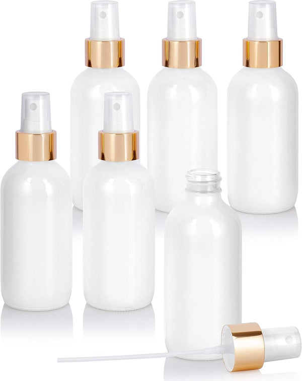 JUVITUS 4 oz High Shine Gloss White Glass Boston Round Bottle with Gold Fine Mist Spray, 6 Pack