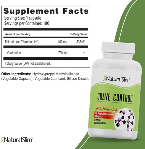 NaturalSlim Crave Control Appetite Suppressant - Food & Sugar Craving Suppressant with L glutamine, 180 Capsules
