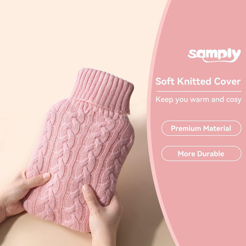 samply Hot Water Bottle with Knitted Cover, 2L for Hot and Cold Compress, Ideal for Pain Relief, Pink