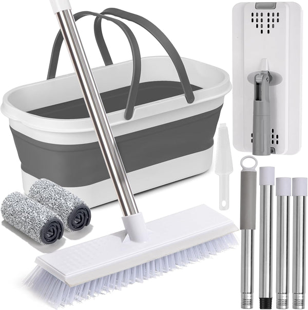 Flat Mop and Bucket Set with Heavy Duty Scrub Brush, 2 Washable