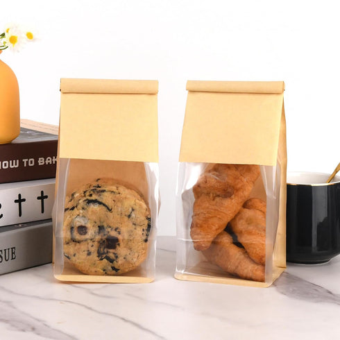 Kosotody 50 Pack Window,3.9x3.1x8.2 Inches Small Bakery Bags with Brown Kraft Paper Bakery Bag with Tin Tie Tab Lock