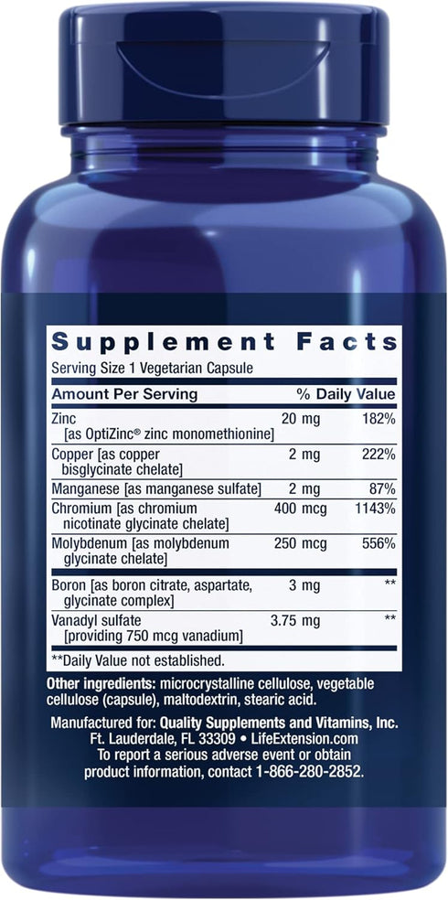 Life Extension Only Trace Minerals, a daily dose of zinc, chromium, boron, copper, manganese, vanadyl sulfate, gluten-free, non-GMO, vegetarian, 90 capsules