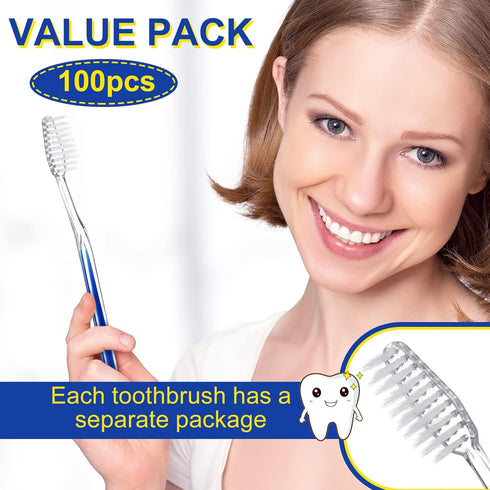 Patelai 100 Pcs Individually Wrapped Soft Bristle Disposable Travel Toothbrushes for Adults, Kids, Hotels (Blue)