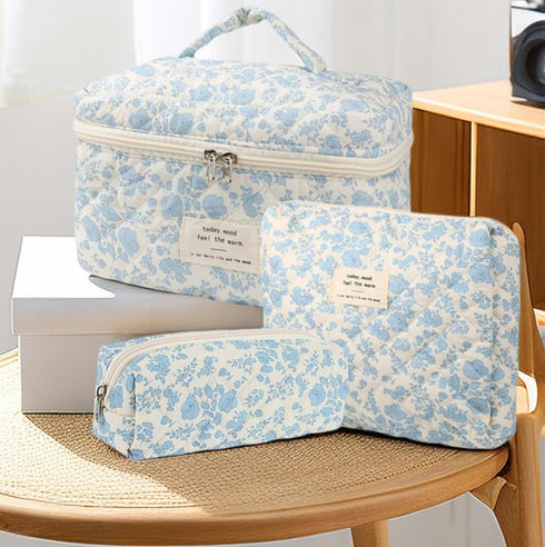 3 Pcs Cotton Quilted Makeup Bag Set, Floral Makeup Bag, Cute Travel Cosmetic Organizer for Women Girls