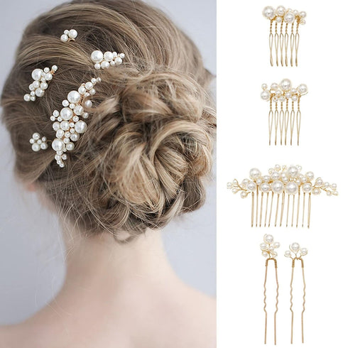 Set of 5 PCS Wedding Pearl Hair Combs - Elegant Accessories for Bridal Women (Gold)