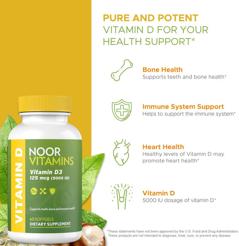Noor Vitamins Halal Vitamin D3, 5000 IU Softgels, 60 Count, Supports Bone, Immune & Heart Health, Non-GMO, Gluten Free