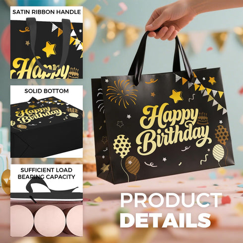 Sipthene 13 1 Black Birthday Gift Bag with Tissue Paper and Greeting Card, Happy Birthday Gift Bags for Party, Hot Foil