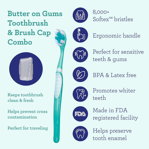 GuruNanda Travel-Friendly Oral Care Kit - 1 Butter on Gums Toothbrush, 1 Tongue Scraper, 4 Floss Picks, 1 Oil Pulling