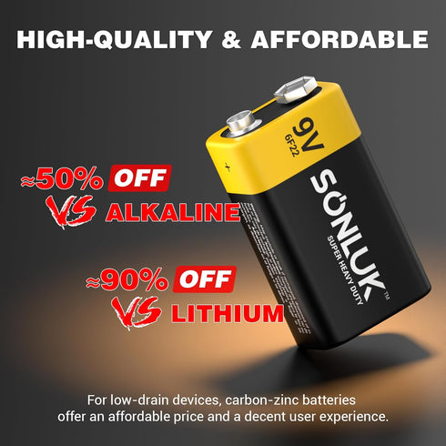 SONLUK 9V 10 Pack 6F22 9 Batteries Carbon Zinc Square Volt Battery for Smoke/CO Detector, Ultra Long Lasting