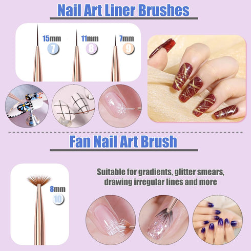 KINGMAS 10Pcs Nail Art Brushes, Nail Gel Polish Painting Brush, Nail Liner Brush and Dotting Pen for DIY Manicure